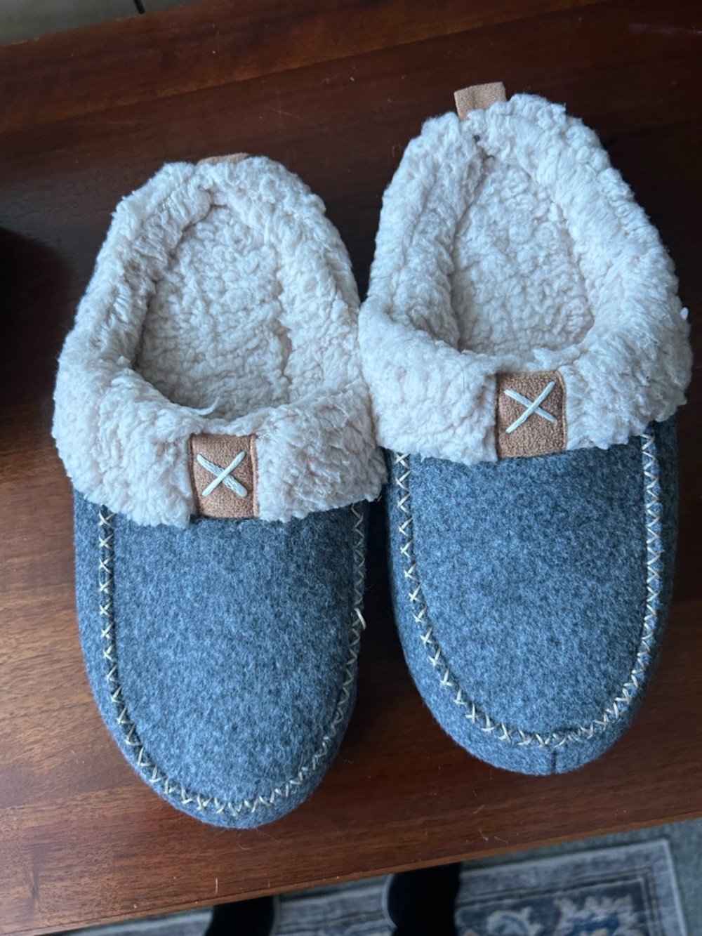 Light Blue Rubber Sole Slipper - Cozy Shearling Trim